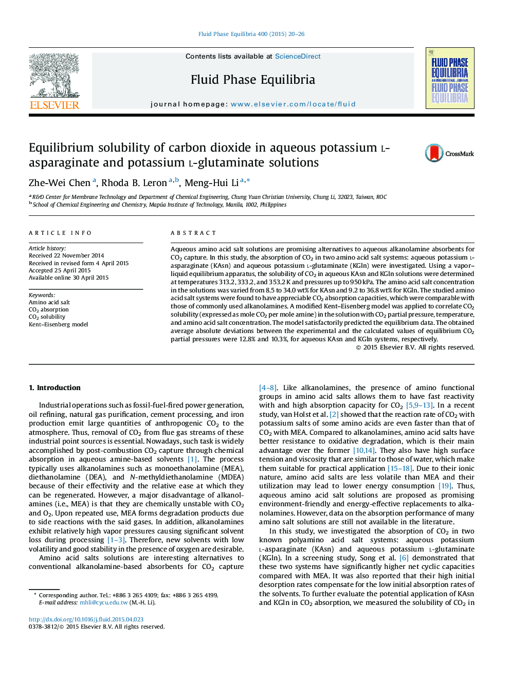 Equilibrium solubility of carbon dioxide in aqueous potassium l-asparaginate and potassium l-glutaminate solutions