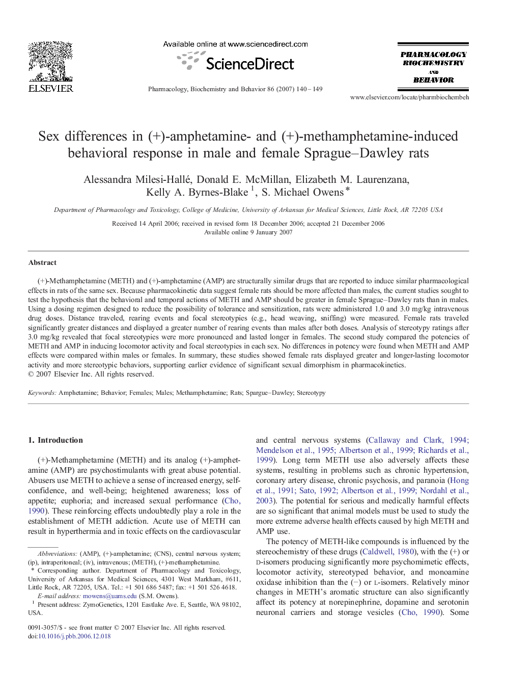 Sex differences in (+)-amphetamine- and (+)-methamphetamine-induced behavioral response in male and female Sprague–Dawley rats