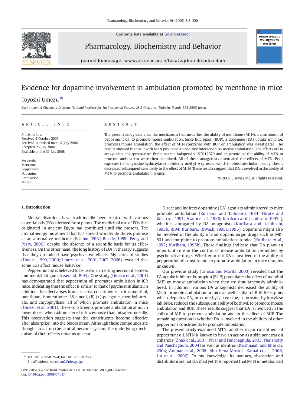 Evidence for dopamine involvement in ambulation promoted by menthone in mice