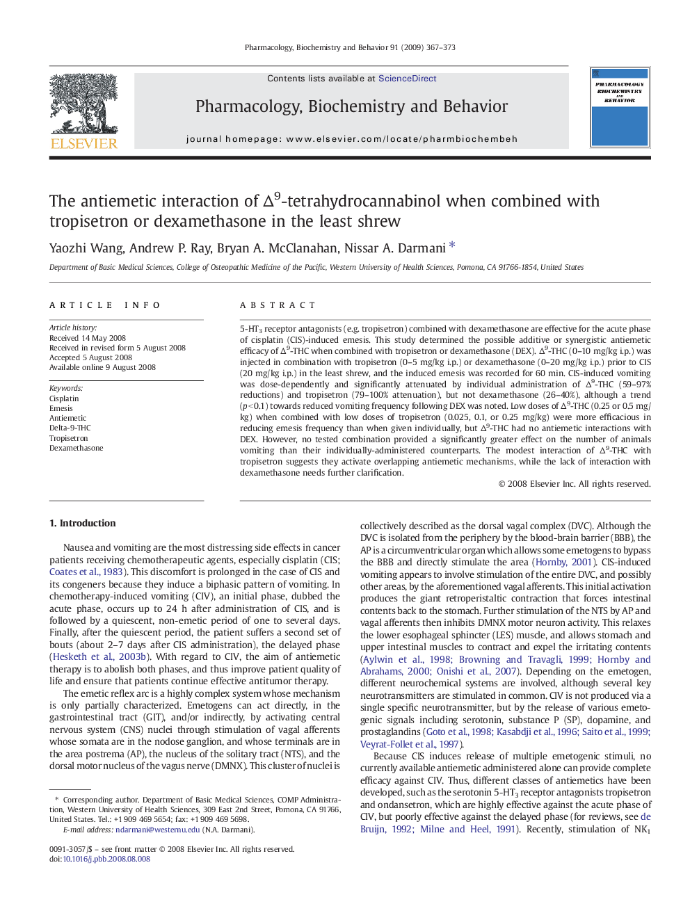 The antiemetic interaction of Δ9-tetrahydrocannabinol when combined with tropisetron or dexamethasone in the least shrew