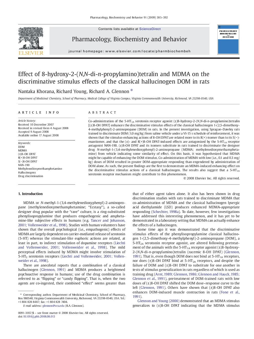 عکس صفحه اول مقاله: Effect of 8-hydroxy-2-(N,N-di-n-propylamino)tetralin and MDMA on the discriminative stimulus effects of the classical hallucinogen DOM in rats Effect of 8-hydroxy-2-(N,N-di-n-propylamino)tetralin and MDMA on the discriminative stimulus effects of the classical hallucinogen DOM in rats