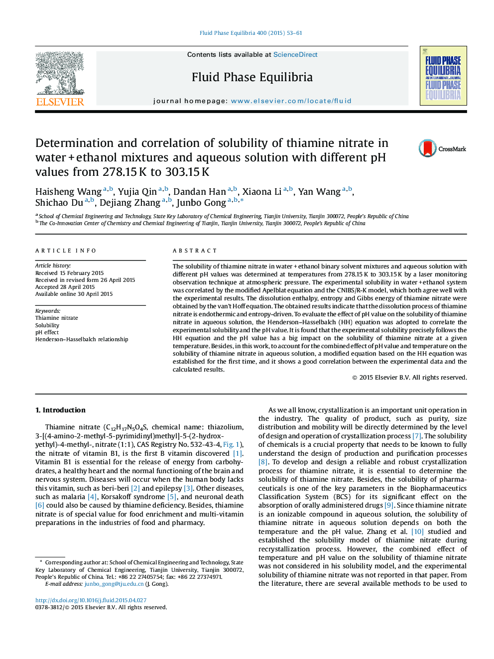 Determination and correlation of solubility of thiamine nitrate in water + ethanol mixtures and aqueous solution with different pH values from 278.15 K to 303.15 K