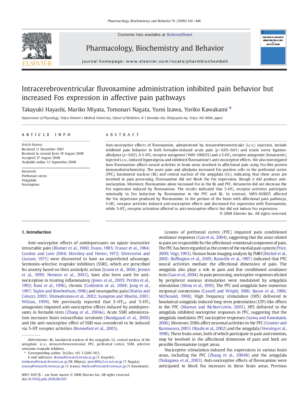 Intracerebroventricular fluvoxamine administration inhibited pain behavior but increased Fos expression in affective pain pathways