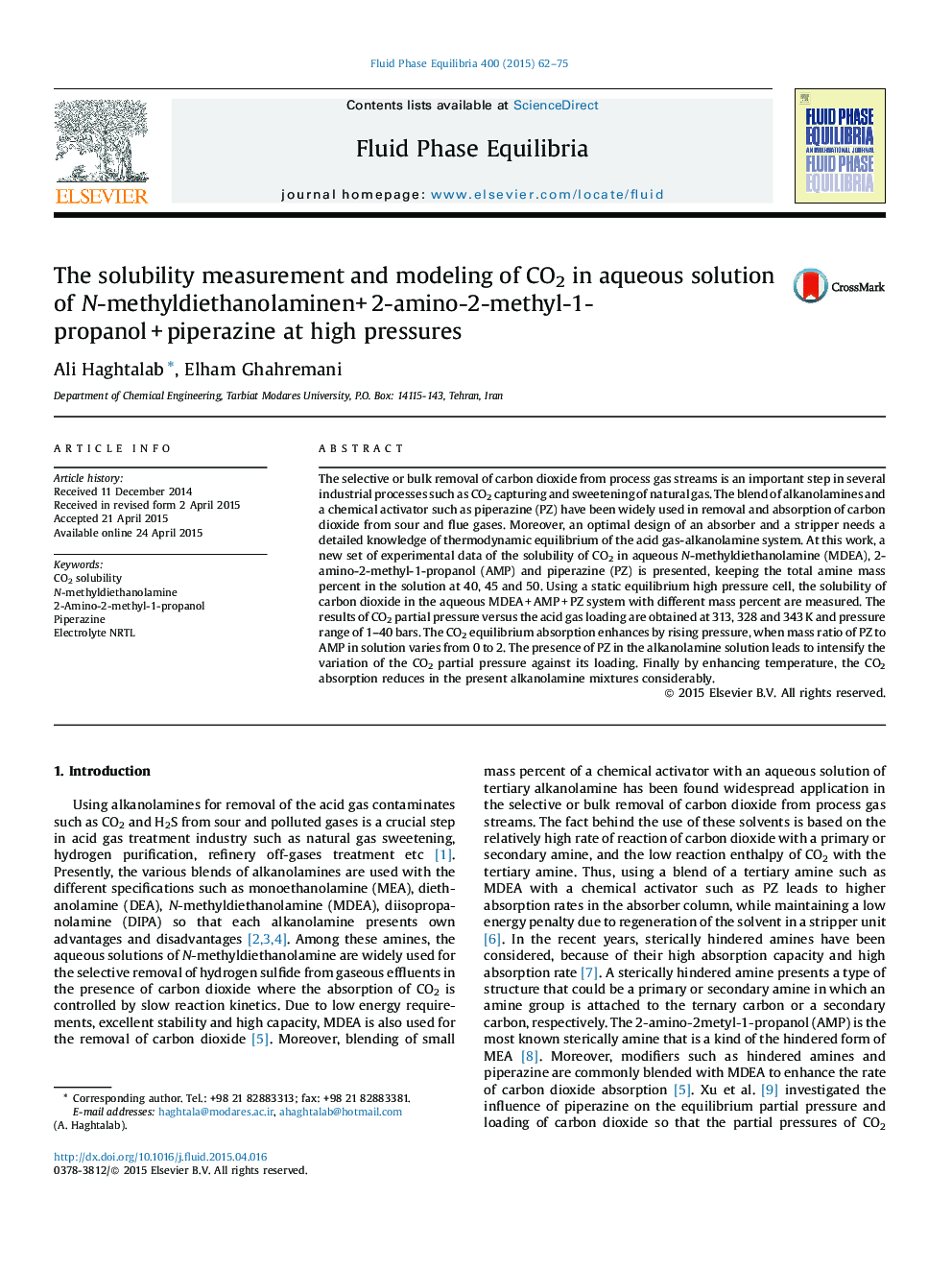 The solubility measurement and modeling of CO2 in aqueous solution of N-methyldiethanolaminen+ 2-amino-2-methyl-1-propanol + piperazine at high pressures