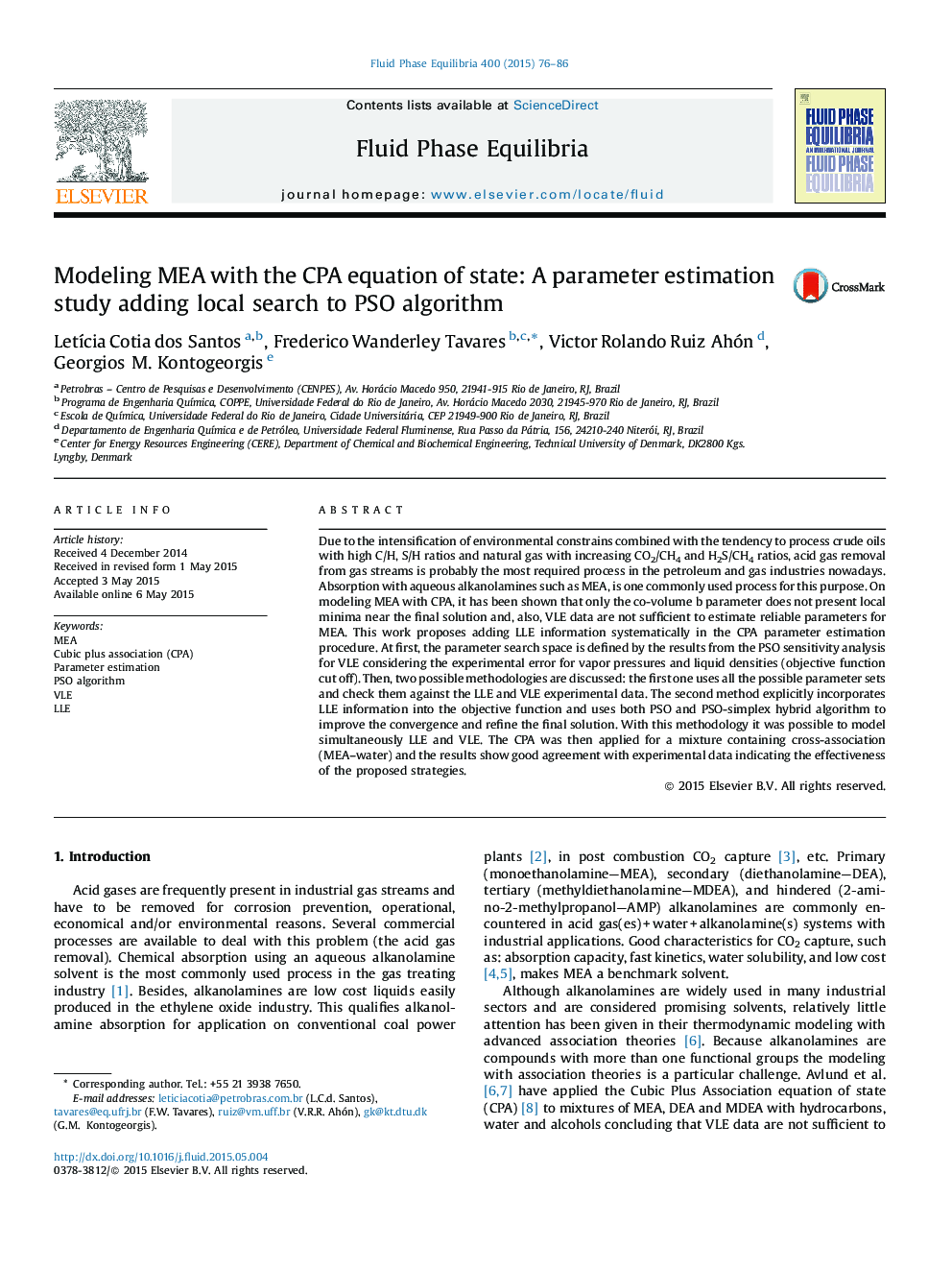 Modeling MEA with the CPA equation of state: A parameter estimation study adding local search to PSO algorithm