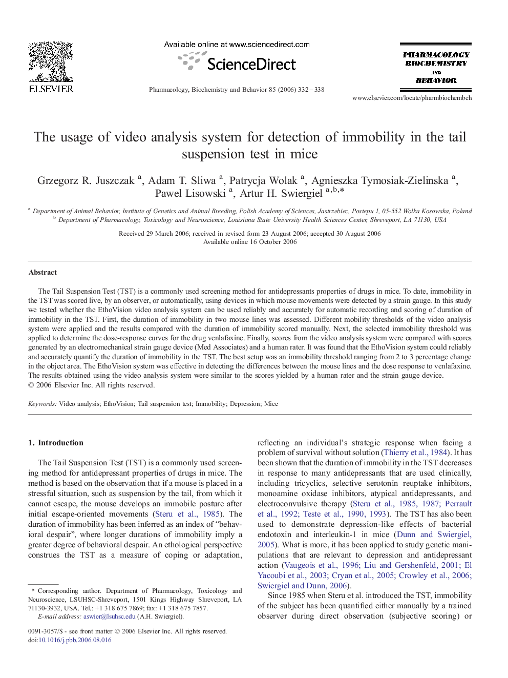 The usage of video analysis system for detection of immobility in the tail suspension test in mice