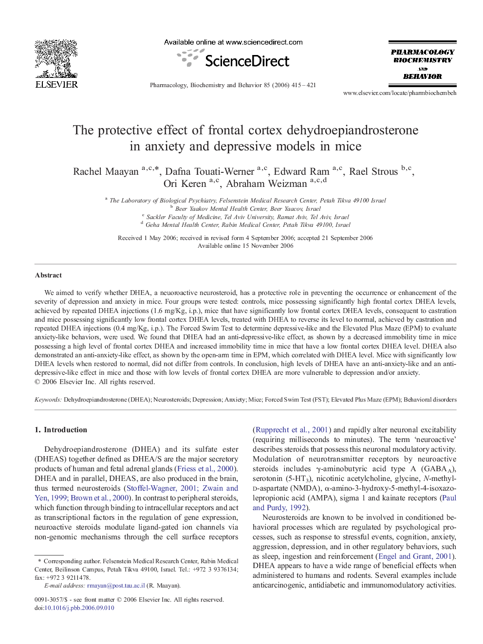 The protective effect of frontal cortex dehydroepiandrosterone in anxiety and depressive models in mice