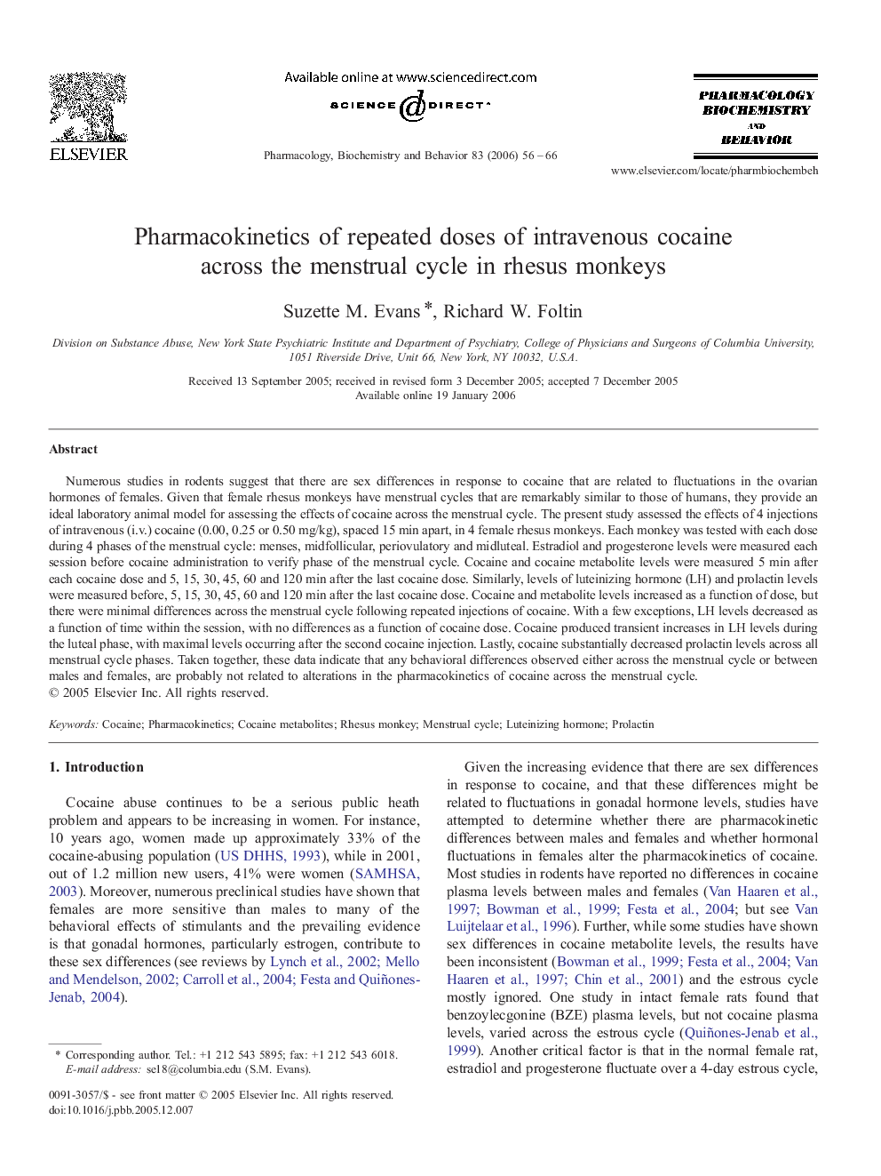 Pharmacokinetics of repeated doses of intravenous cocaine across the menstrual cycle in rhesus monkeys