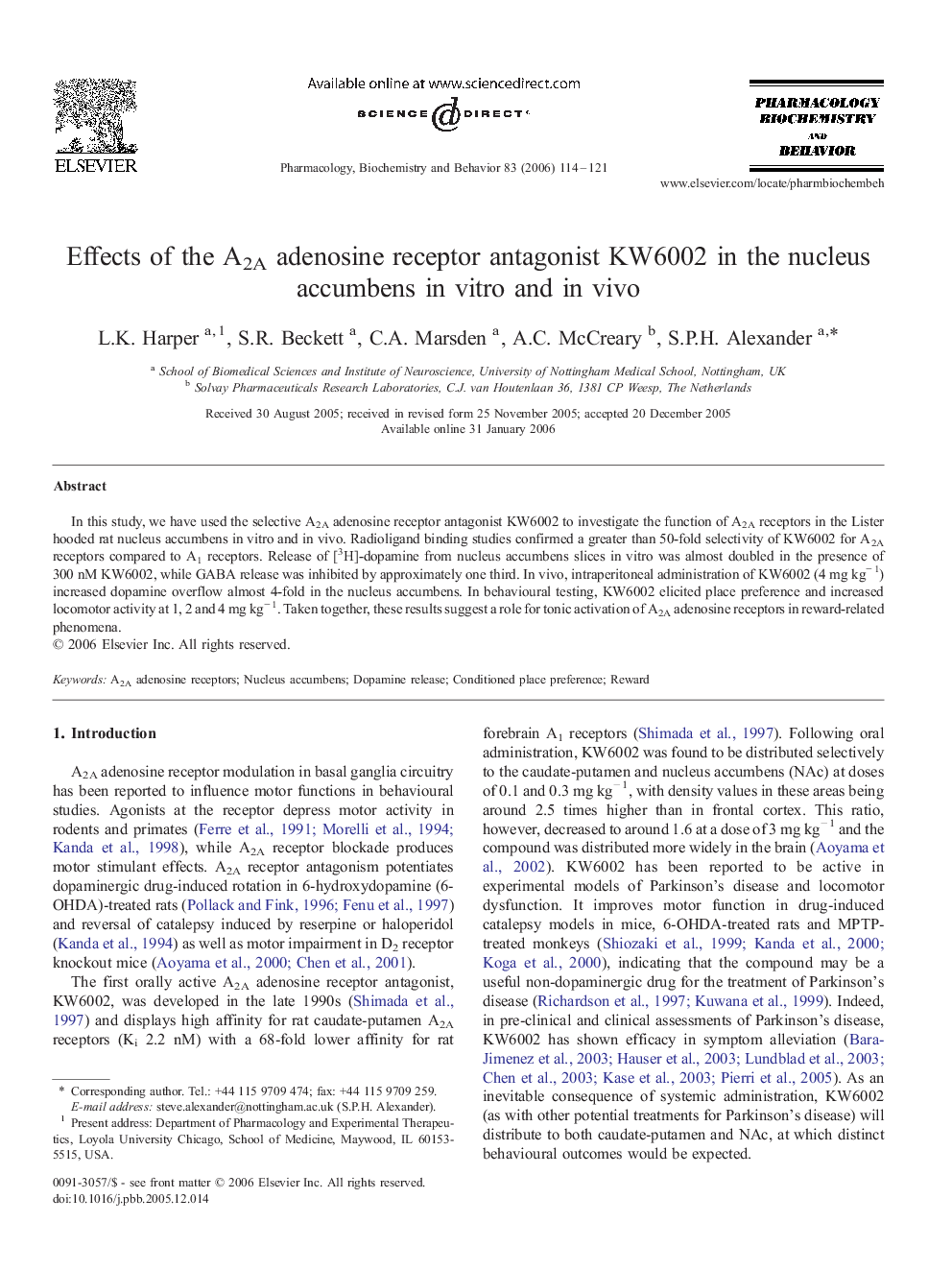 Effects of the A2A adenosine receptor antagonist KW6002 in the nucleus accumbens in vitro and in vivo