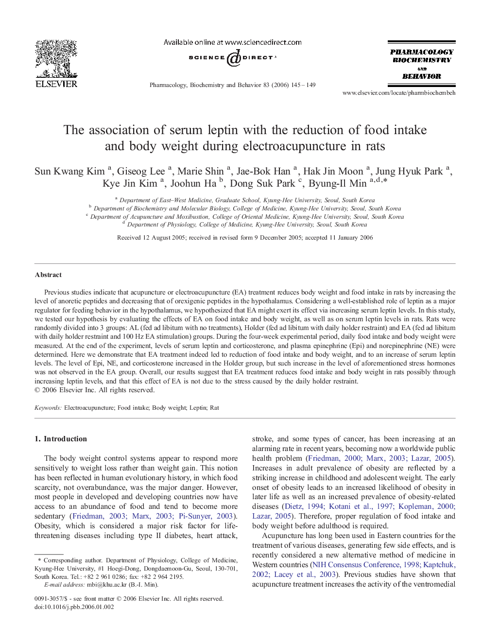 The association of serum leptin with the reduction of food intake and body weight during electroacupuncture in rats