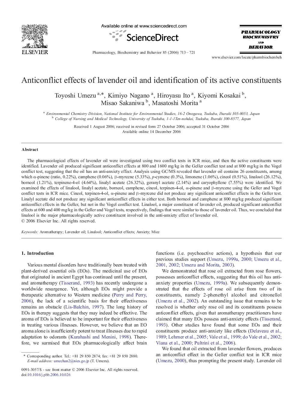 Anticonflict effects of lavender oil and identification of its active constituents