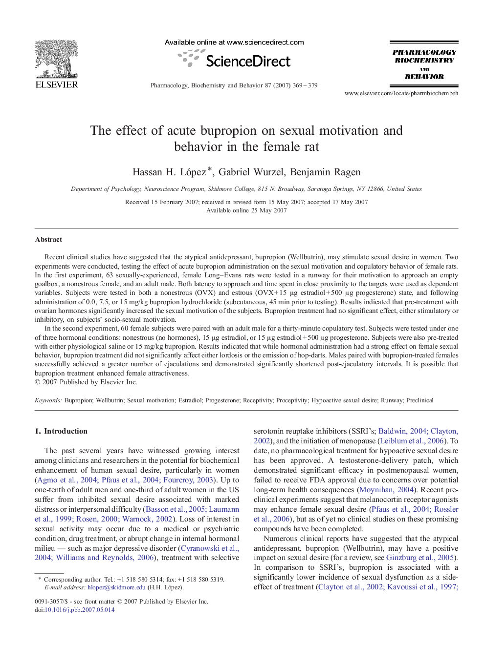 The effect of acute bupropion on sexual motivation and behavior in the female rat