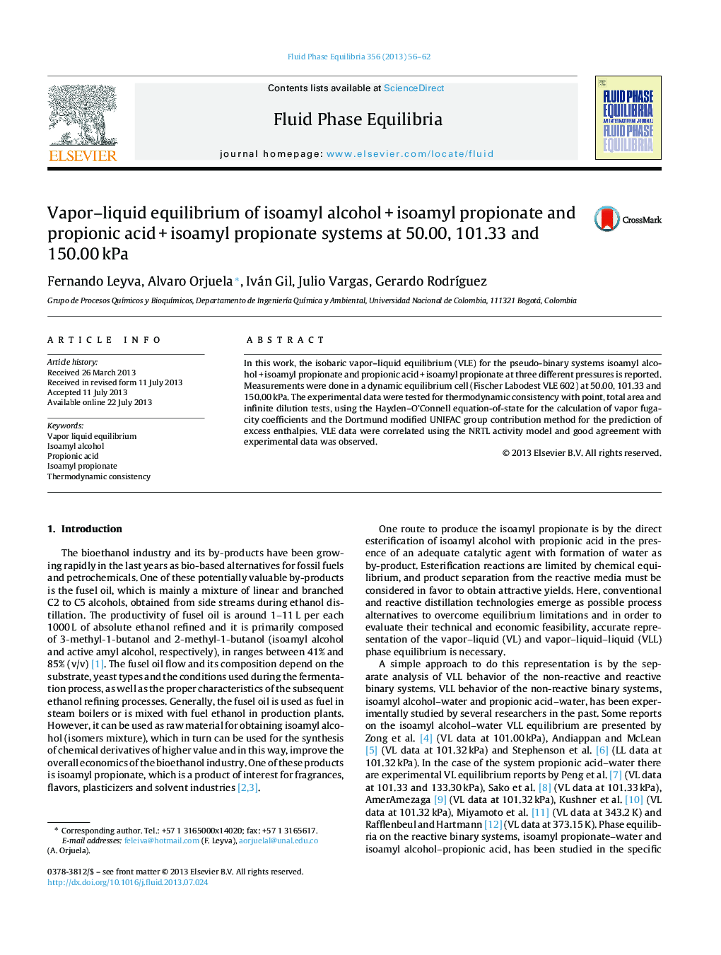 Vapor–liquid equilibrium of isoamyl alcohol + isoamyl propionate and propionic acid + isoamyl propionate systems at 50.00, 101.33 and 150.00 kPa