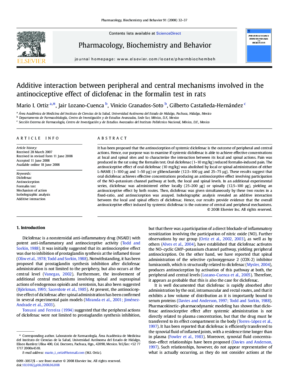 Additive interaction between peripheral and central mechanisms involved in the antinociceptive effect of diclofenac in the formalin test in rats