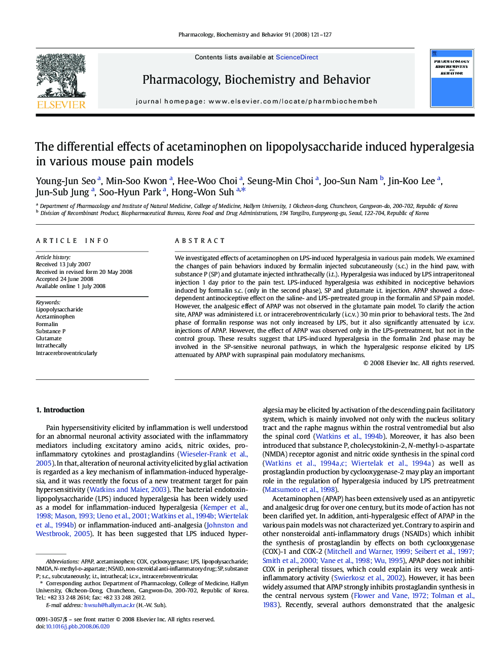 The differential effects of acetaminophen on lipopolysaccharide induced hyperalgesia in various mouse pain models