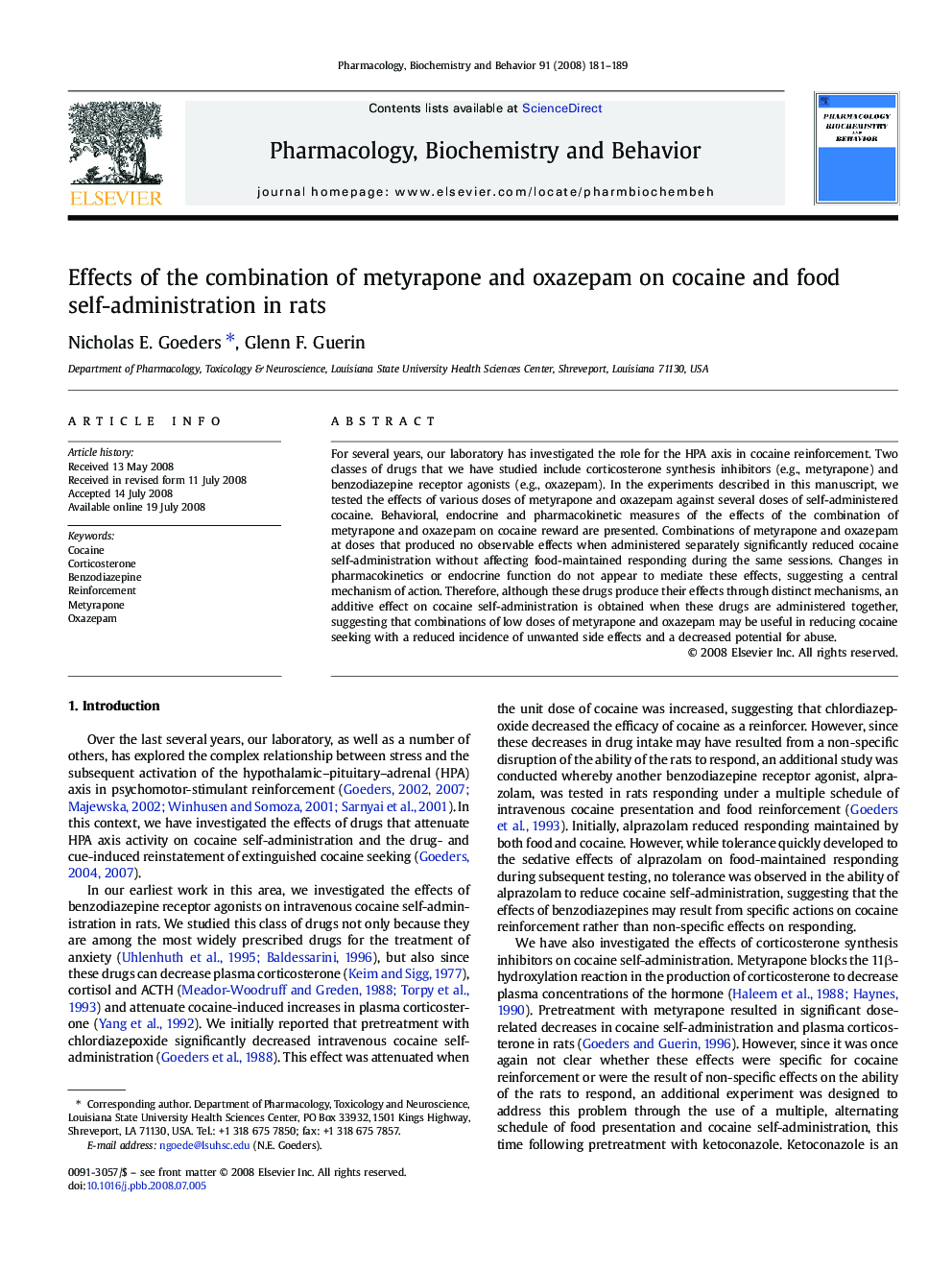 Effects of the combination of metyrapone and oxazepam on cocaine and food self-administration in rats