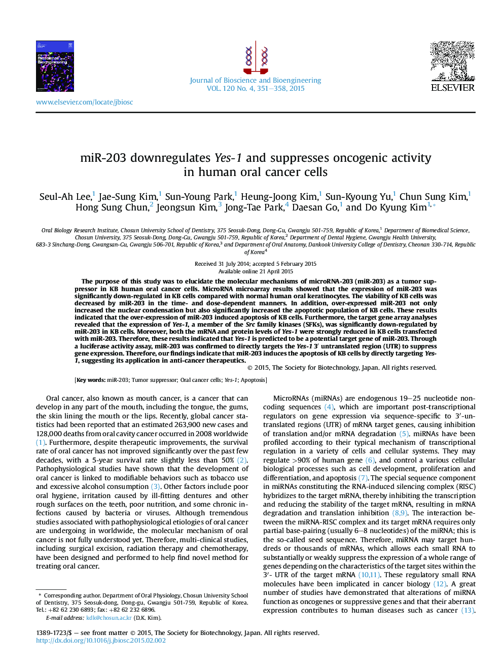 miR-203 downregulates Yes-1 and suppresses oncogenic activity in human oral cancer cells