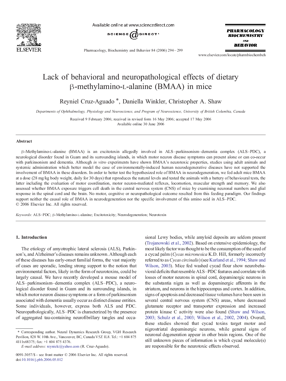 Lack of behavioral and neuropathological effects of dietary β-methylamino-l-alanine (BMAA) in mice