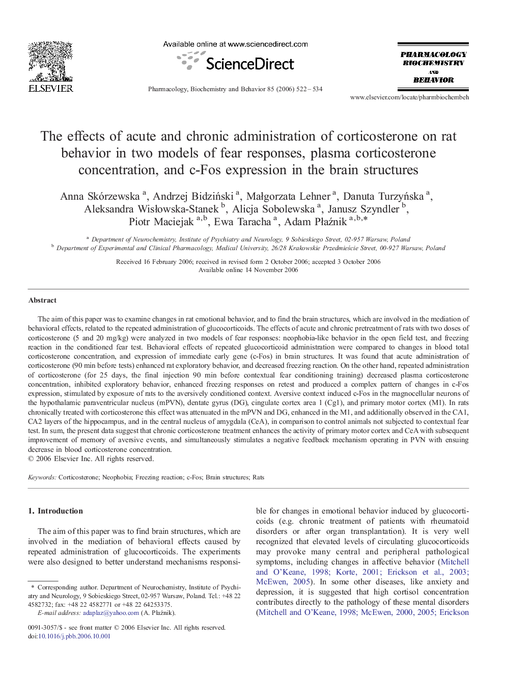 The effects of acute and chronic administration of corticosterone on rat behavior in two models of fear responses, plasma corticosterone concentration, and c-Fos expression in the brain structures