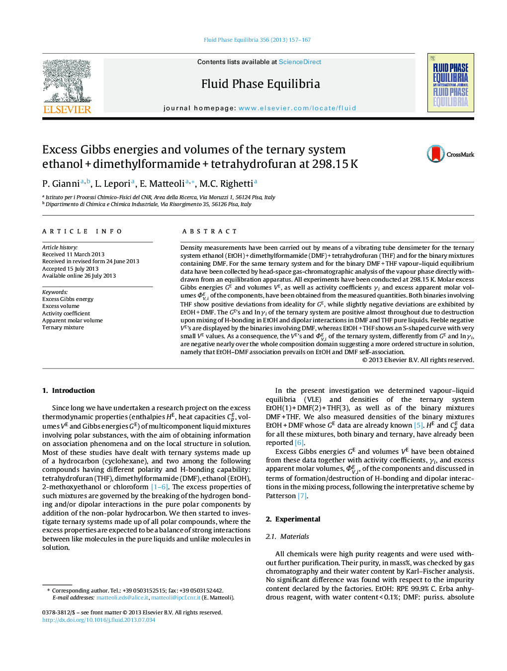 Excess Gibbs energies and volumes of the ternary system ethanol + dimethylformamide + tetrahydrofuran at 298.15 K