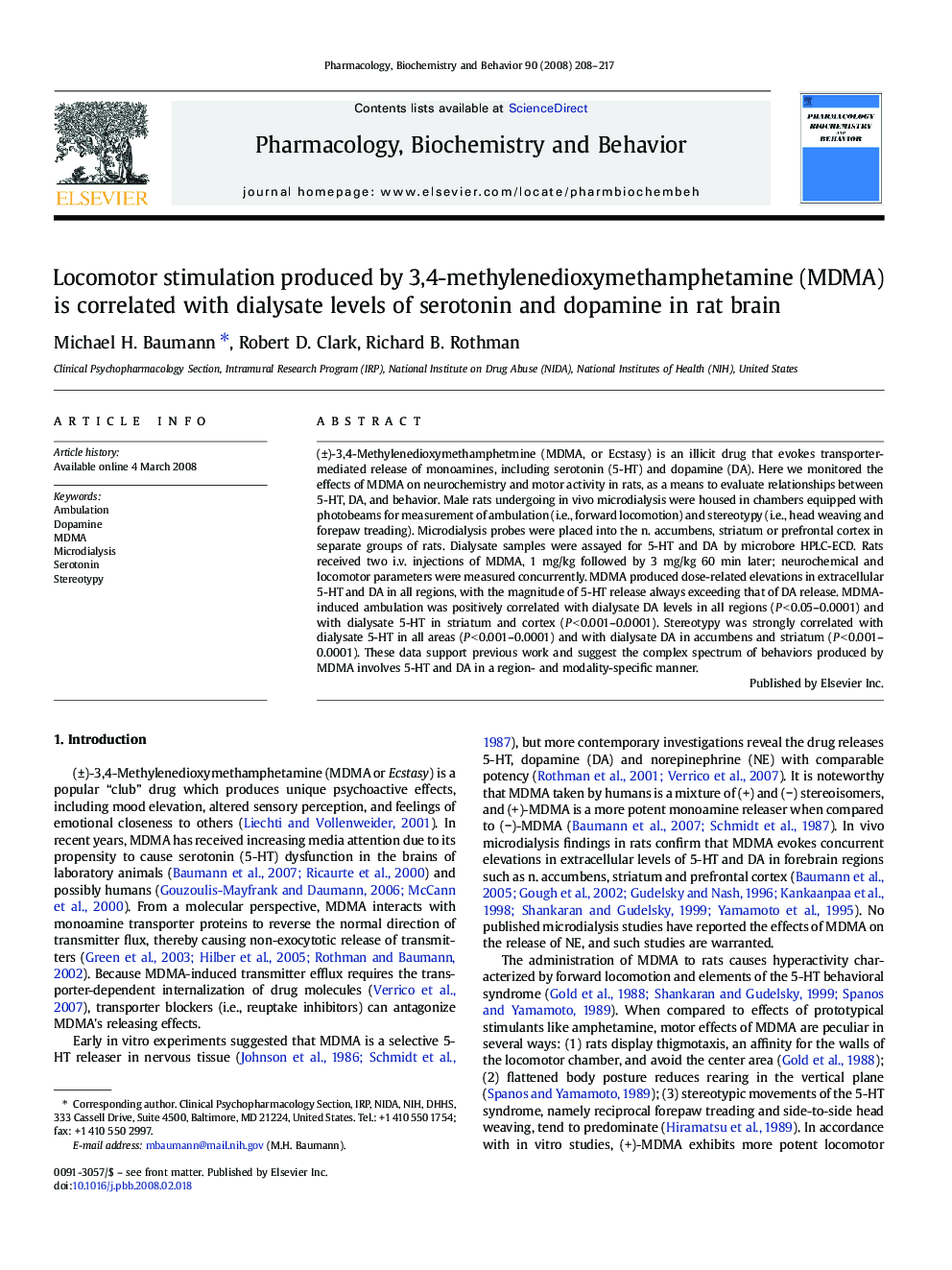 Locomotor stimulation produced by 3,4-methylenedioxymethamphetamine (MDMA) is correlated with dialysate levels of serotonin and dopamine in rat brain