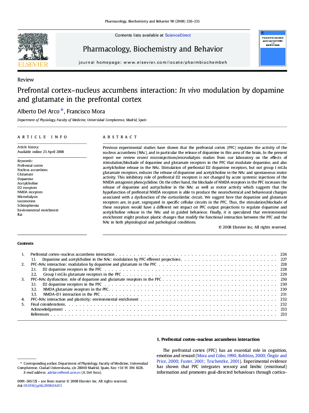 Prefrontal cortex–nucleus accumbens interaction: In vivo modulation by dopamine and glutamate in the prefrontal cortex