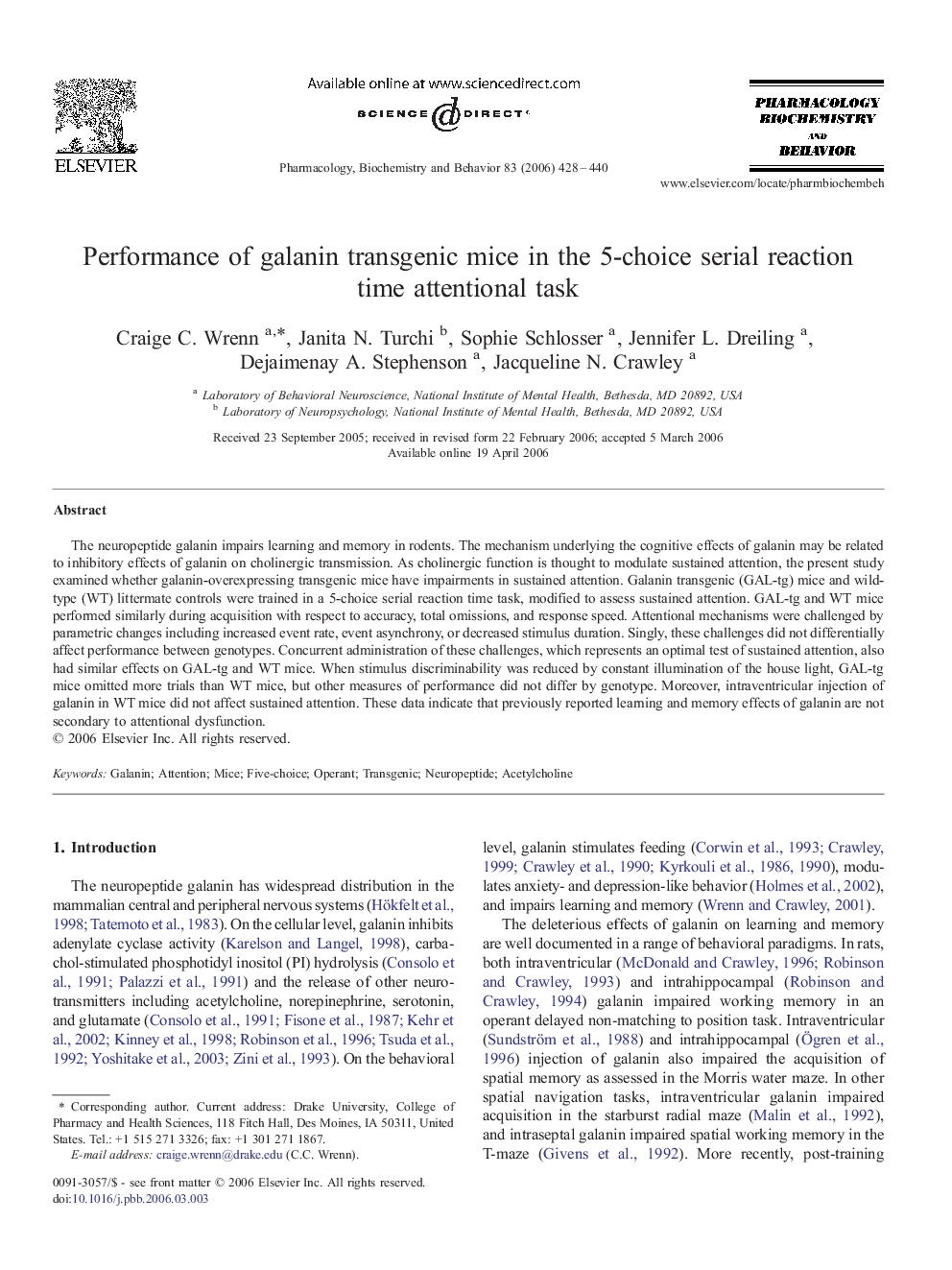 Performance of galanin transgenic mice in the 5-choice serial reaction time attentional task