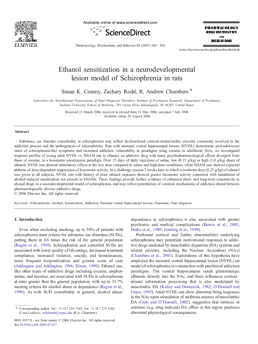 Ethanol sensitization in a neurodevelopmental lesion model of Schizophrenia in rats