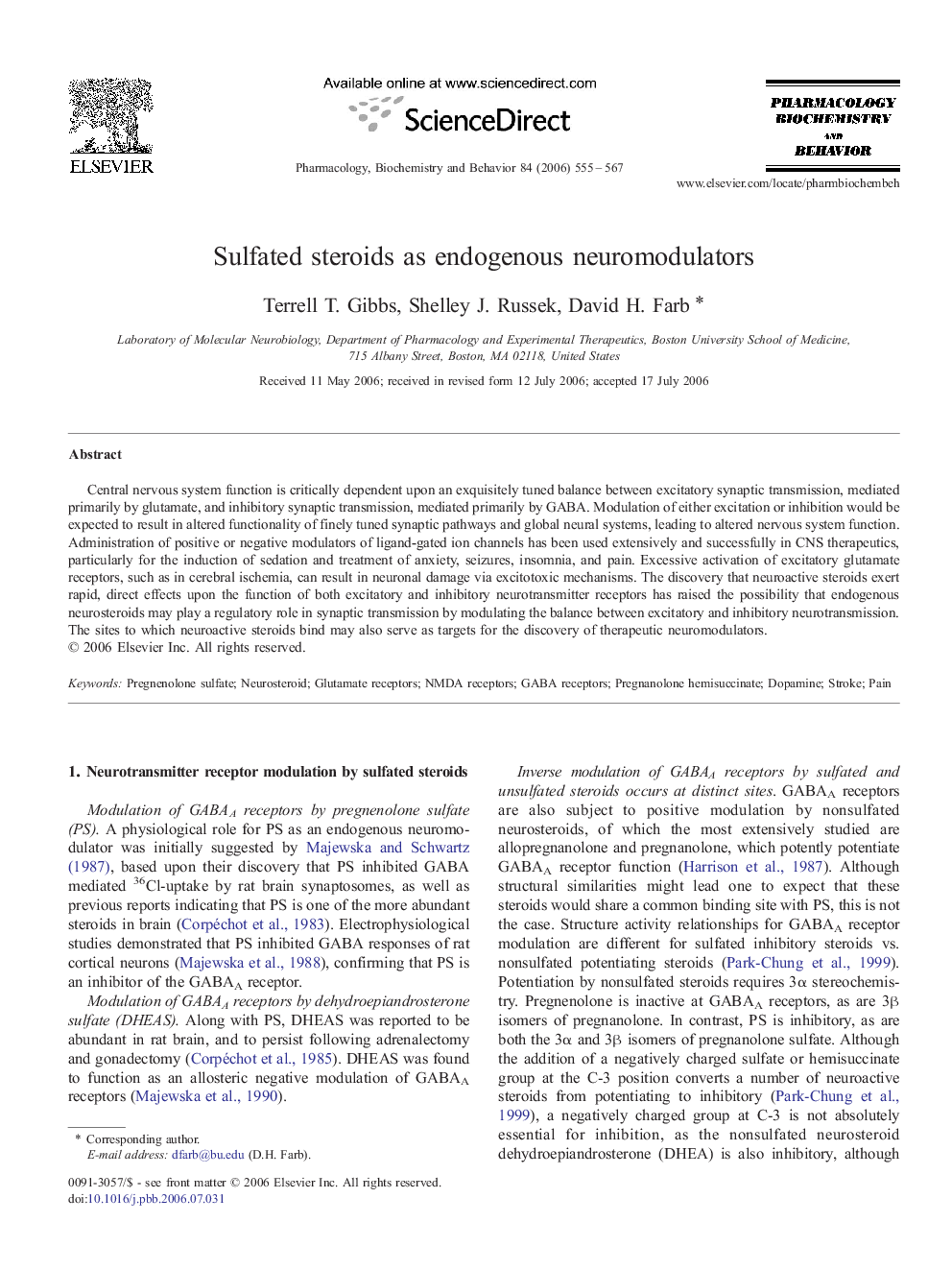 Sulfated steroids as endogenous neuromodulators