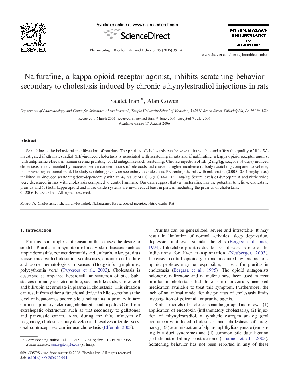 Nalfurafine, a kappa opioid receptor agonist, inhibits scratching behavior secondary to cholestasis induced by chronic ethynylestradiol injections in rats