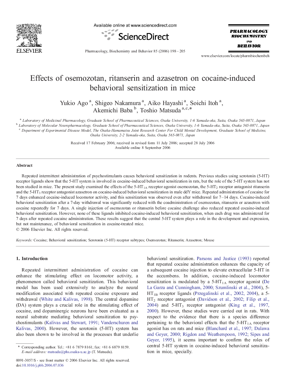 Effects of osemozotan, ritanserin and azasetron on cocaine-induced behavioral sensitization in mice