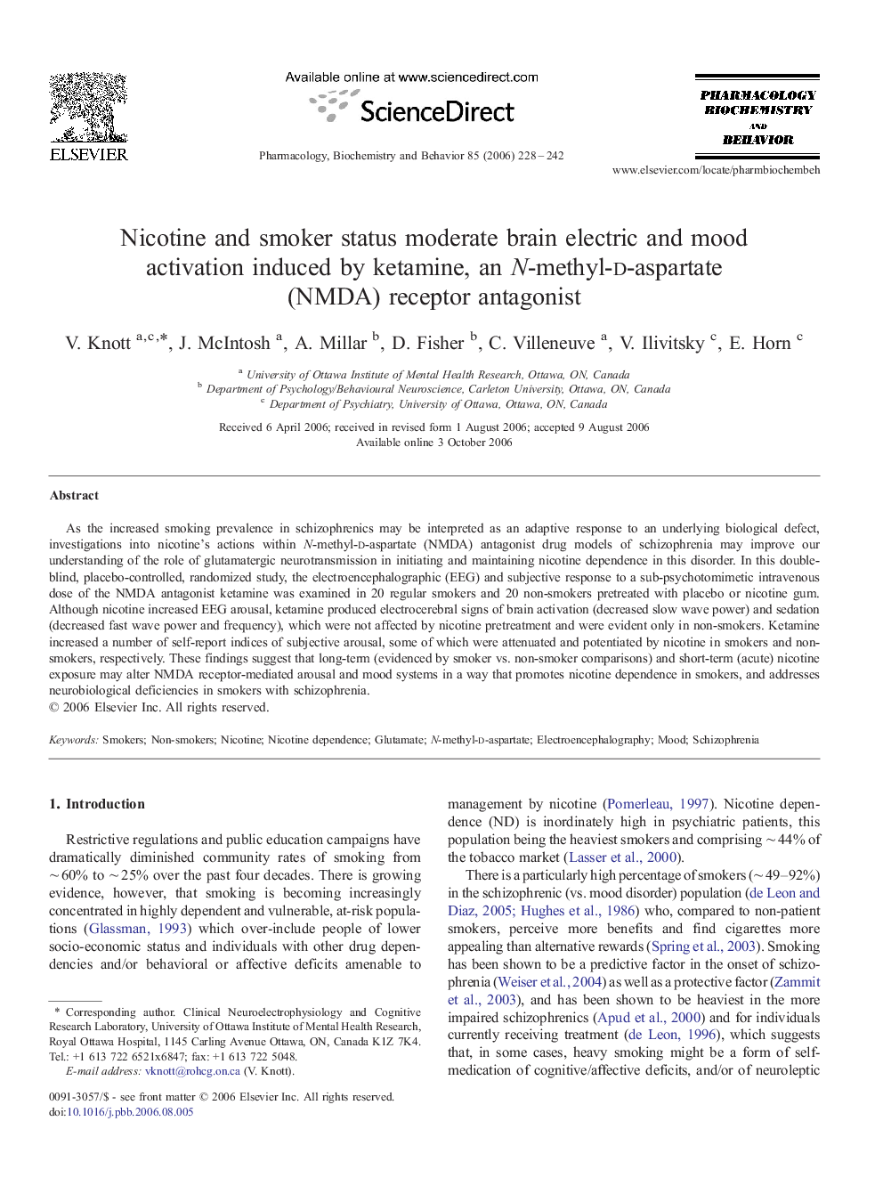 Nicotine and smoker status moderate brain electric and mood activation induced by ketamine, an N-methyl-d-aspartate (NMDA) receptor antagonist