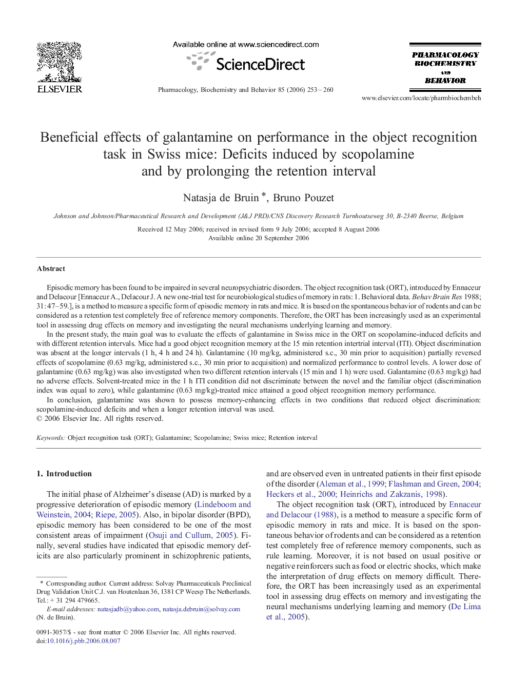 Beneficial effects of galantamine on performance in the object recognition task in Swiss mice: Deficits induced by scopolamine and by prolonging the retention interval