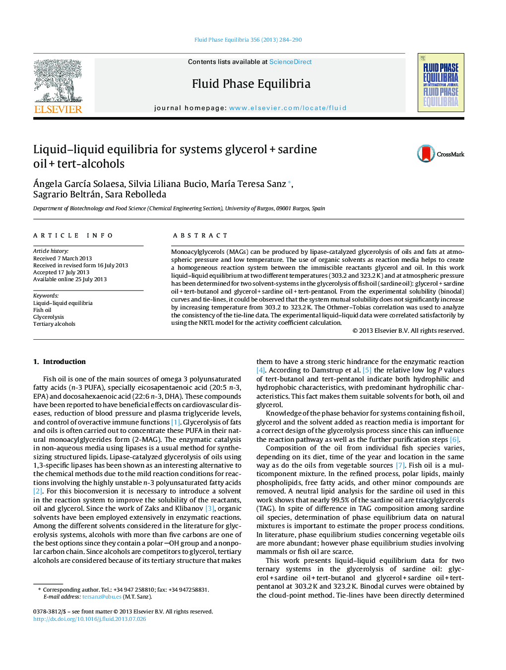 Liquid–liquid equilibria for systems glycerol + sardine oil + tert-alcohols