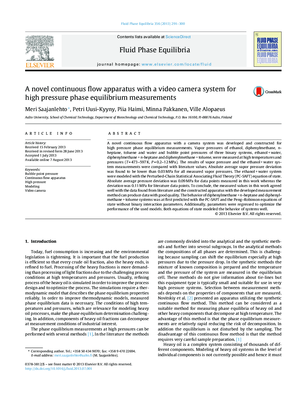 A novel continuous flow apparatus with a video camera system for high pressure phase equilibrium measurements