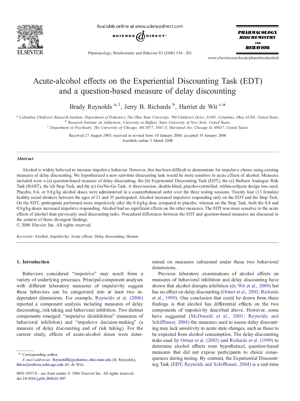 Acute-alcohol effects on the Experiential Discounting Task (EDT) and a question-based measure of delay discounting