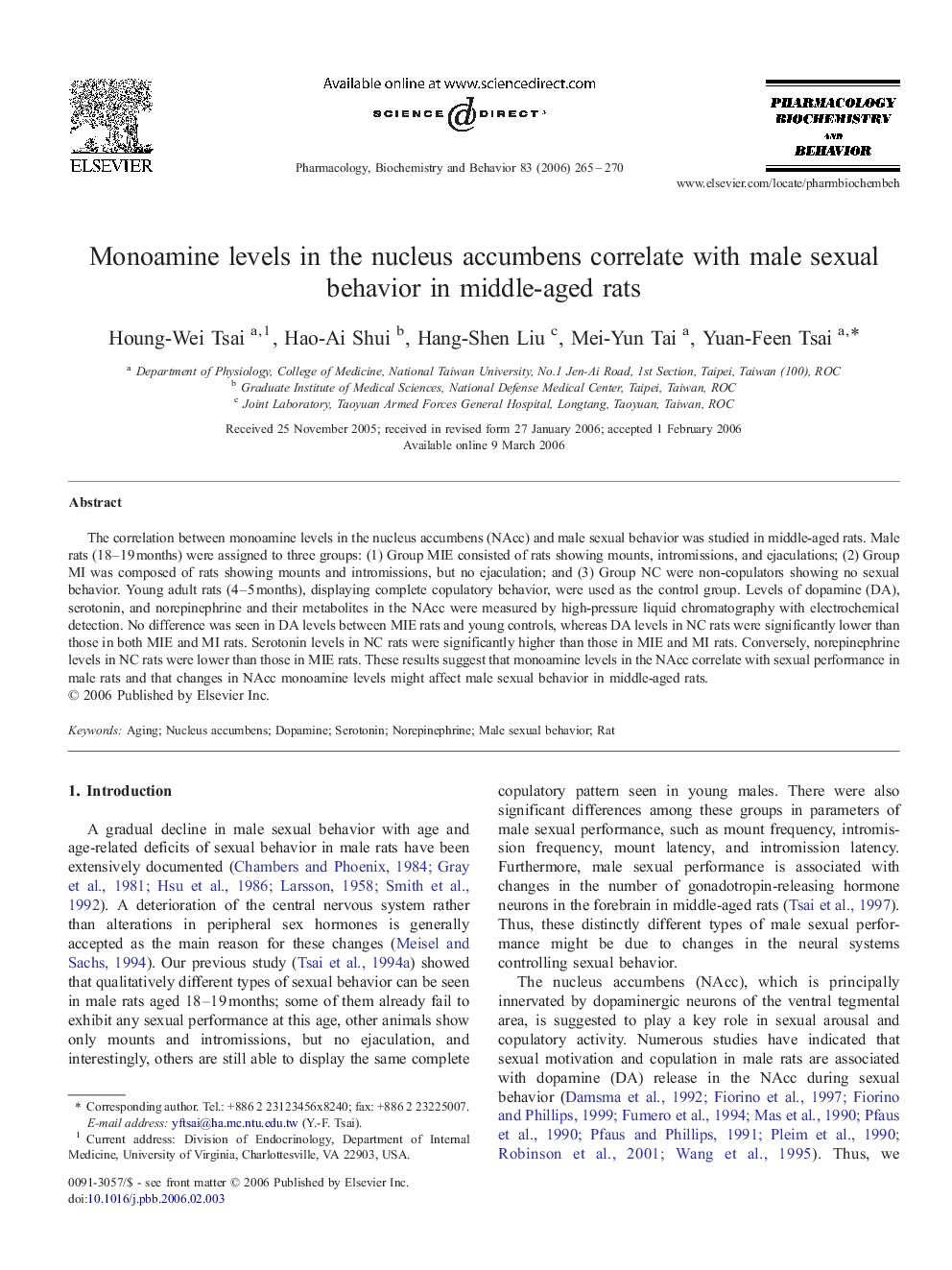عکس صفحه اول مقاله: Monoamine levels in the nucleus accumbens correlate with male sexual behavior in middle-aged rats Monoamine levels in the nucleus accumbens correlate with male sexual behavior in middle-aged rats