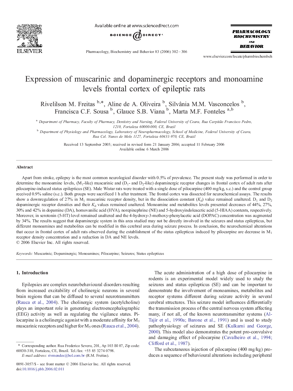 Expression of muscarinic and dopaminergic receptors and monoamine levels frontal cortex of epileptic rats