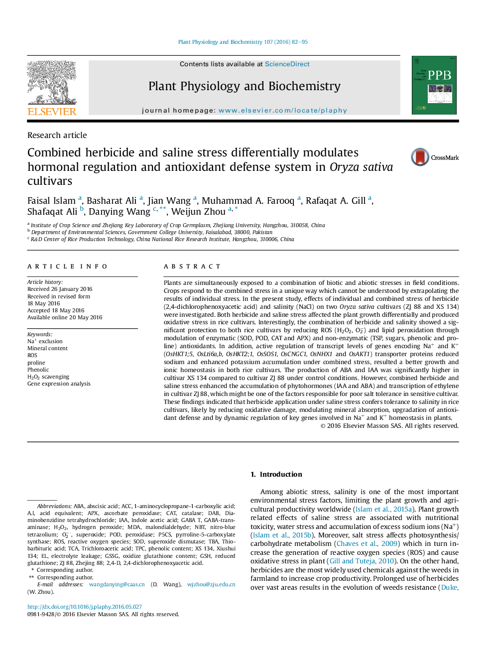 Combined herbicide and saline stress differentially modulates hormonal regulation and antioxidant defense system in Oryza sativa cultivars