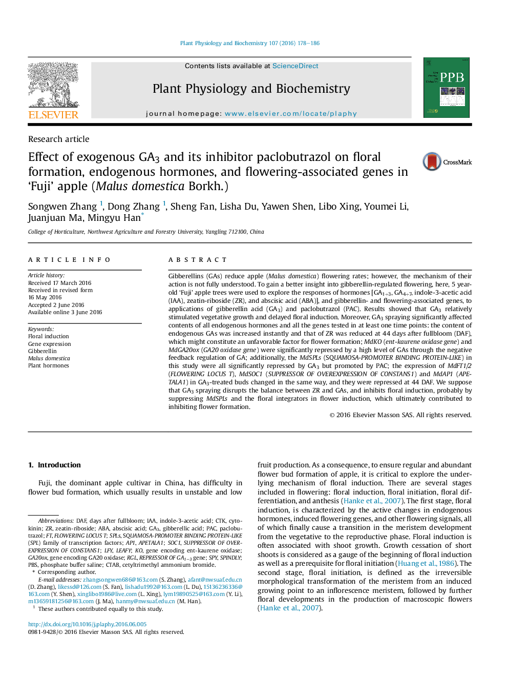 Effect of exogenous GA3 and its inhibitor paclobutrazol on floral formation, endogenous hormones, and flowering-associated genes in 'Fuji' apple (Malus domestica Borkh.)