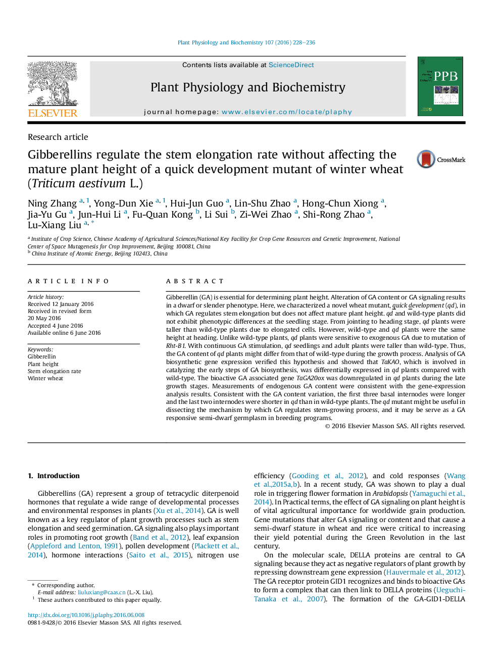 Gibberellins regulate the stem elongation rate without affecting the mature plant height of a quick development mutant of winter wheat (Triticum aestivum L.)