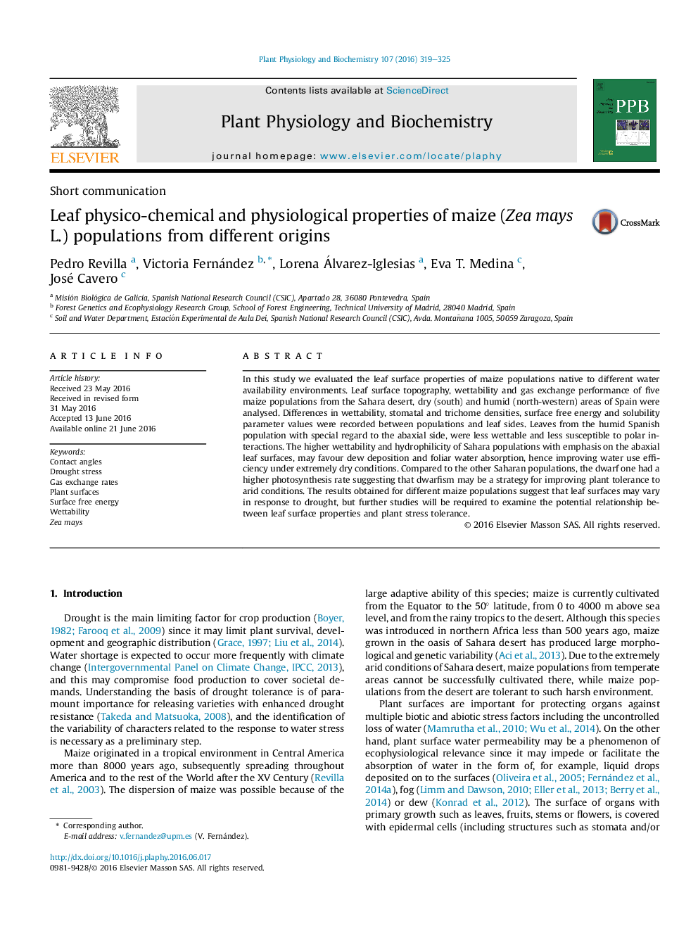 Leaf physico-chemical and physiological properties of maize (Zea mays L.) populations from different origins