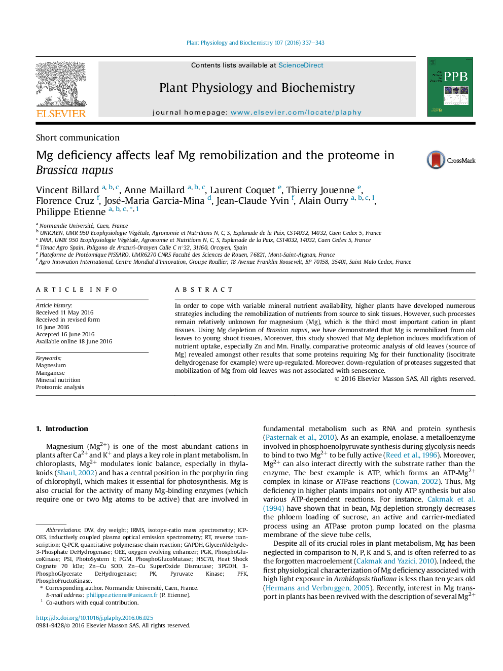 Mg deficiency affects leaf Mg remobilization and the proteome in Brassica napus