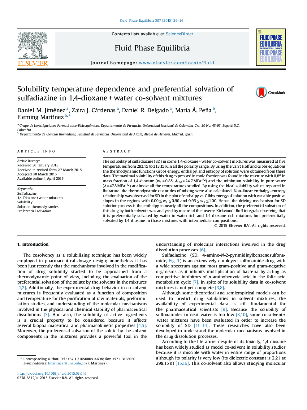 Solubility temperature dependence and preferential solvation of sulfadiazine in 1,4-dioxane + water co-solvent mixtures