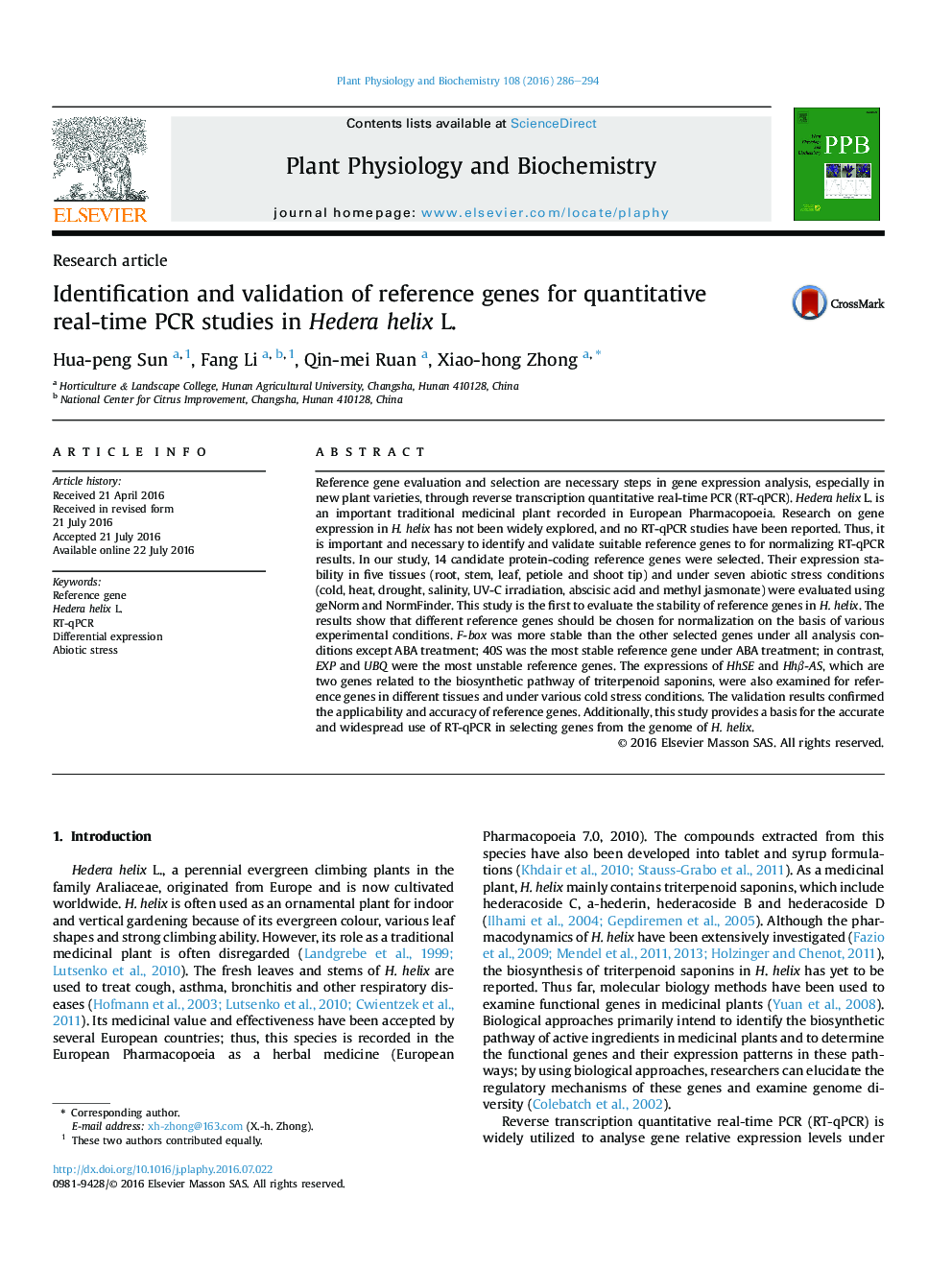 Identification and validation of reference genes for quantitative real-time PCR studies in Hedera helix L.