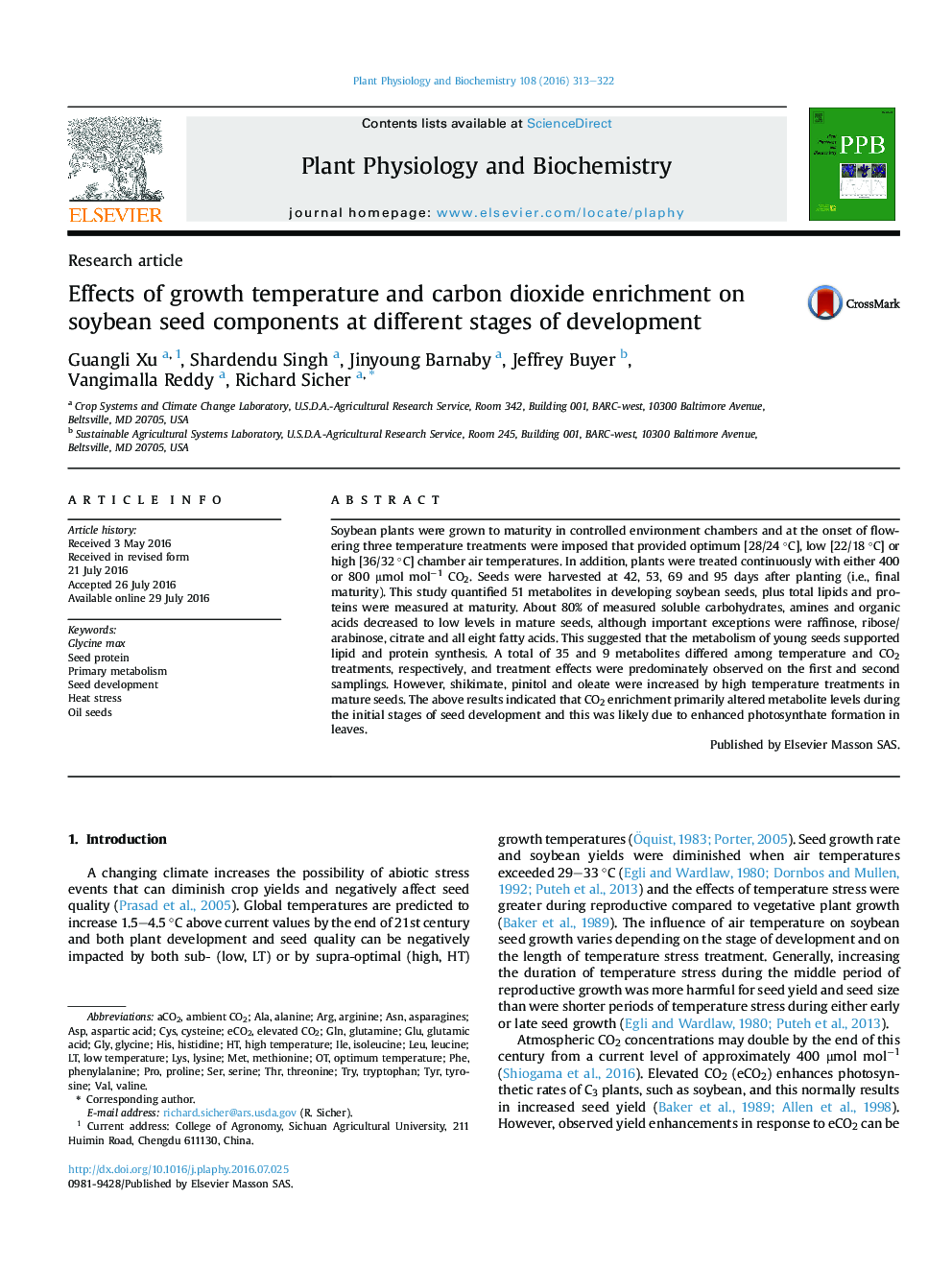 Effects of growth temperature and carbon dioxide enrichment on soybean seed components at different stages of development