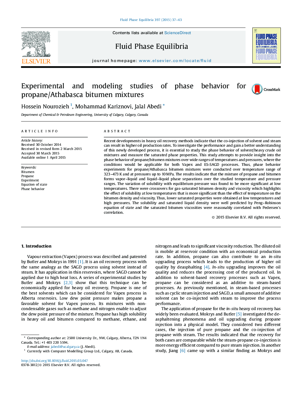 مطالعات تجربی و مدلسازی رفتار فاز برای مخلوط های قیری پروپان / اتابازاکا 