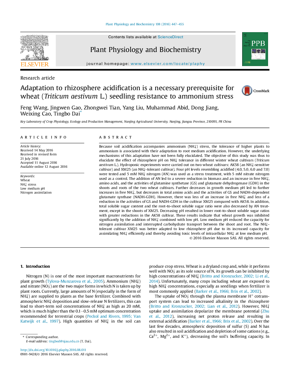 Adaptation to rhizosphere acidification is a necessary prerequisite for wheat (Triticum aestivum L.) seedling resistance to ammonium stress