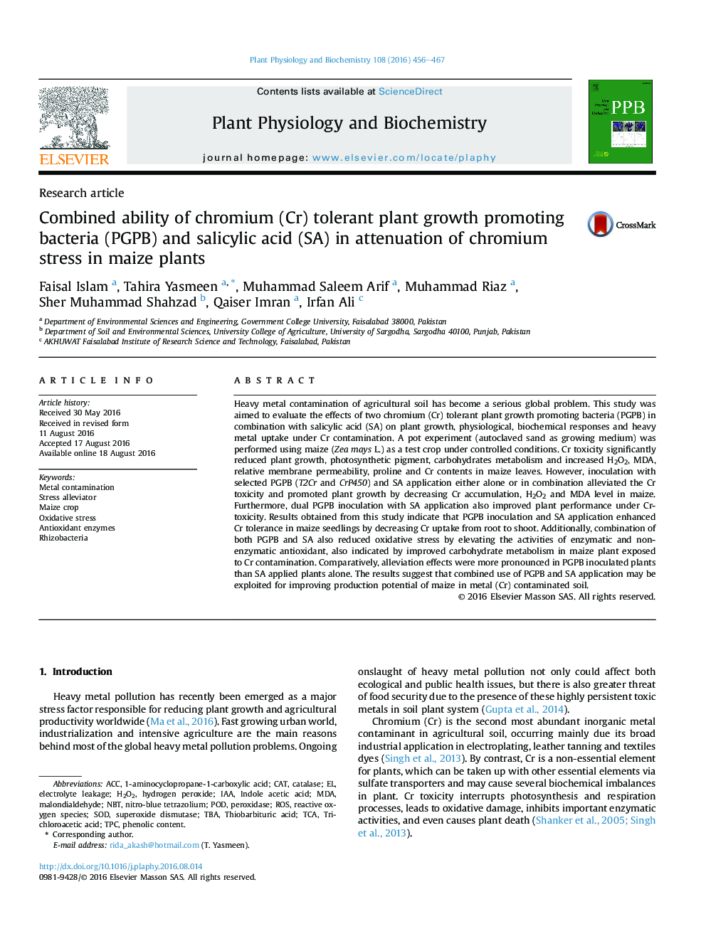 Combined ability of chromium (Cr) tolerant plant growth promoting bacteria (PGPB) and salicylic acid (SA) in attenuation of chromium stress in maize plants