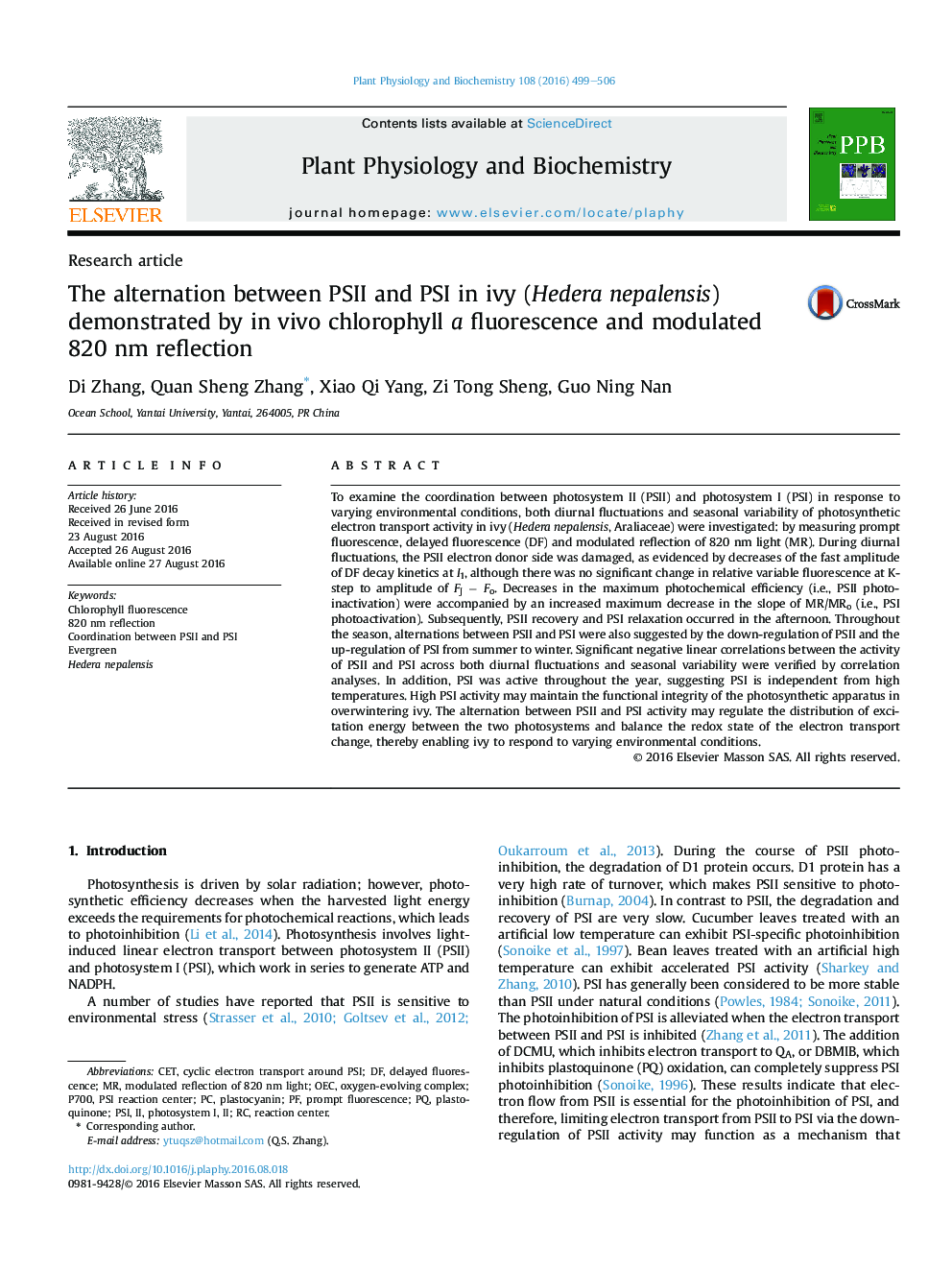 The alternation between PSII and PSI in ivy (Hedera nepalensis) demonstrated by in vivo chlorophyll a fluorescence and modulated 820 nm reflection